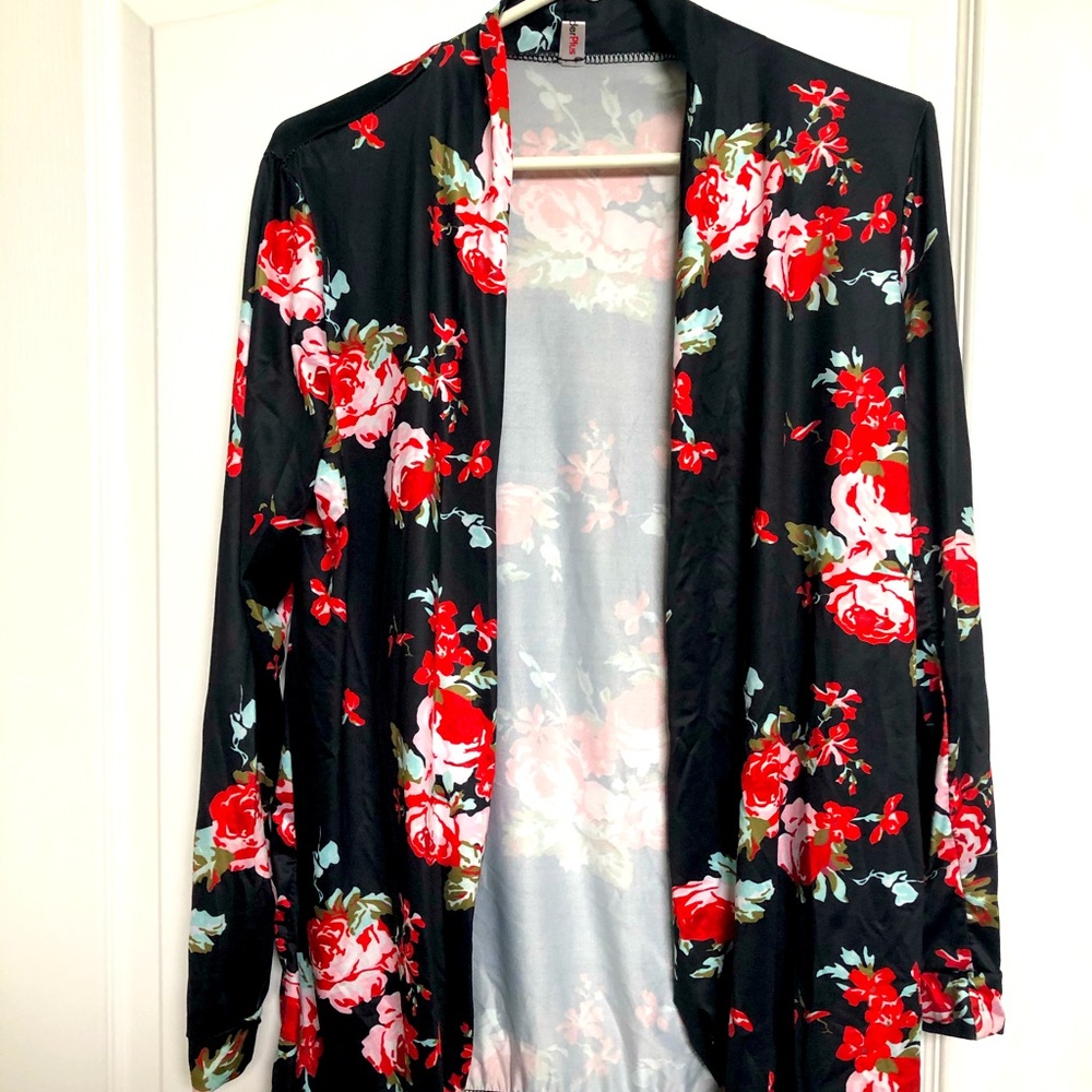 BOGO Silk-like black floral cardigan, get same style green free